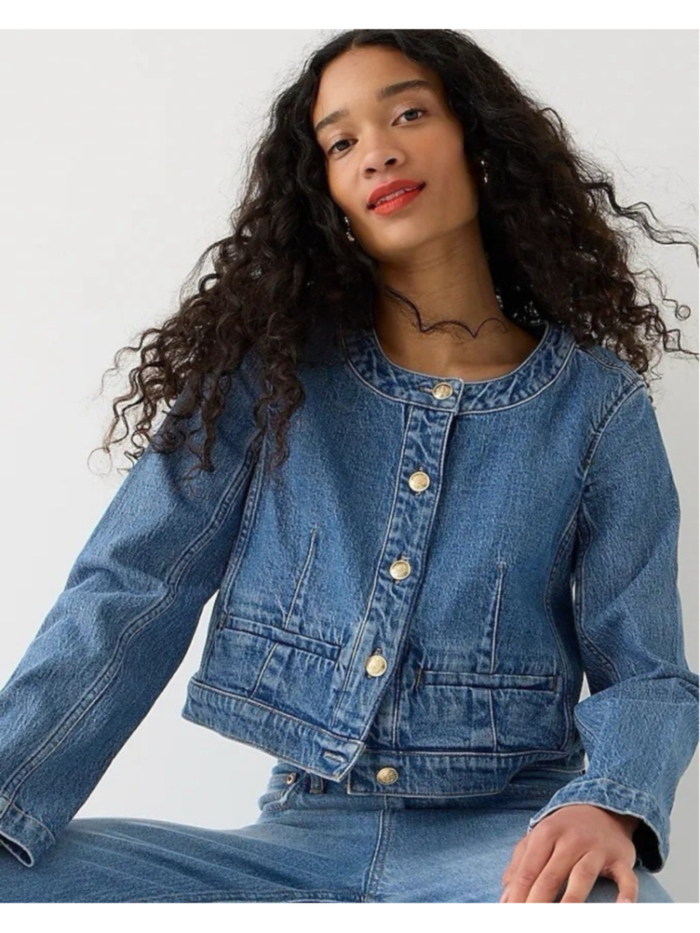 J. Crew Louisa Lady Jacket Denim Jean Jacket Blue Collarless Gold Buttons 0